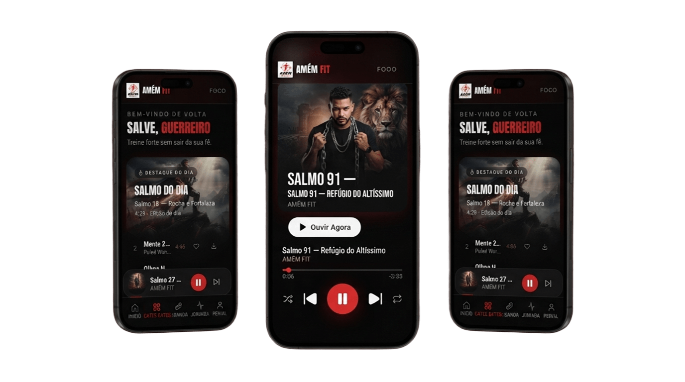 Mockup do app — 3 telas do celular lado a lado